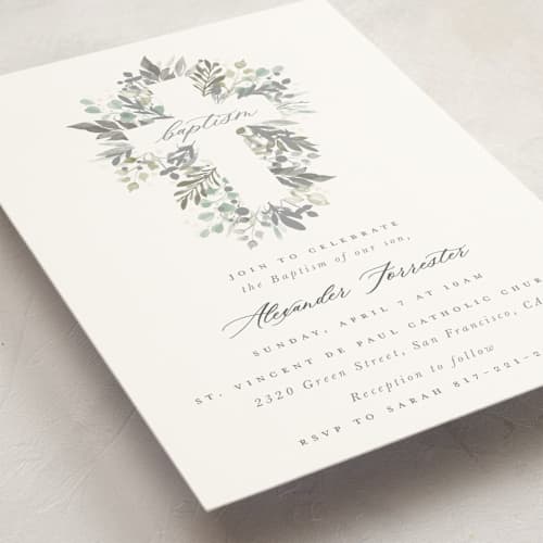 This is a eucalyptus baptism and christening announcements with standard by Hudson meet Rose called foliage cross printing on signature in standard