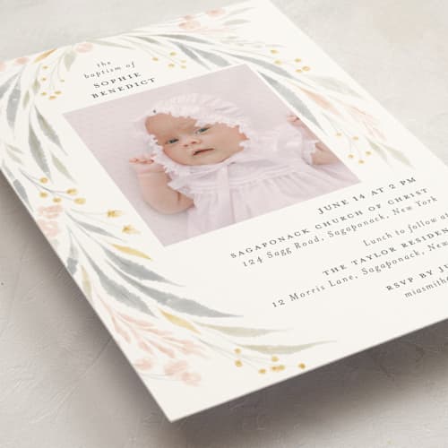 This is a nectar baptism and christening announcements with standard by Nicoletta Savod called floral showers printing on signature in standard