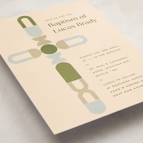 This is a serene baptism and christening announcements with standard by Pati Cascino called geometric cross printing on signature in standard