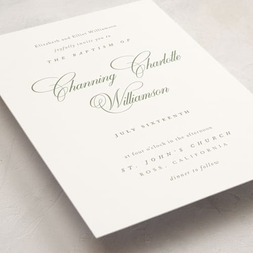 This is a garden baptism and christening announcements with standard by Kelly Schmidt called chic script printing on signature in standard