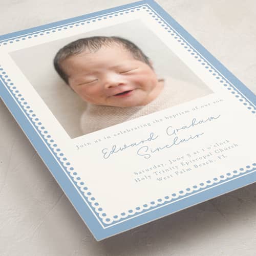 This is a sky baptism and christening announcements with standard by Nicole Walsh called stitched frame printing on signature in standard