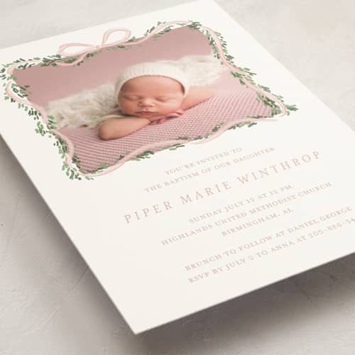 This is a blush baptism and christening announcements with standard by Itsy Belle Studio called ribbonly frame printing on signature in standard