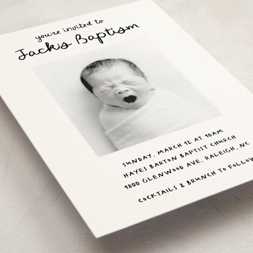 This is a snow baptism and christening announcements with standard by AK Graphics called cursive printing on signature in standard