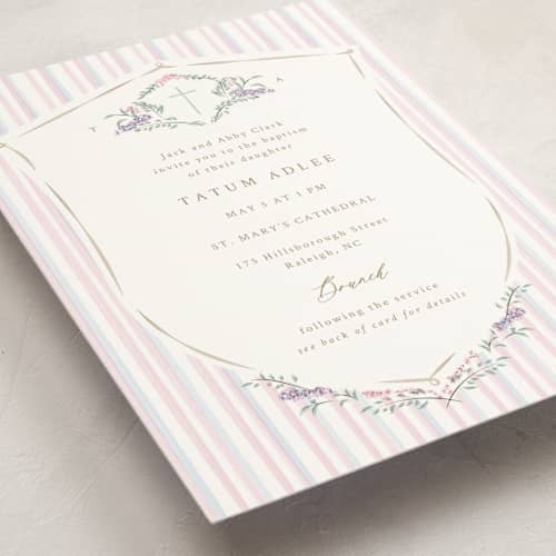 This is a peony baptism and christening announcements with standard by Corinne Malesic called vintage whimsy printing on signature in standard