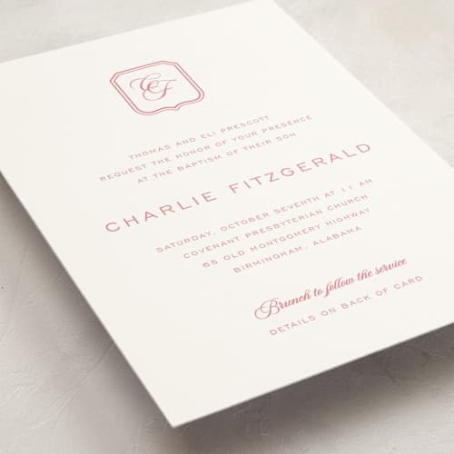 This is a rose baptism and christening announcements with standard by Megan Davis called bowery printing on signature in standard