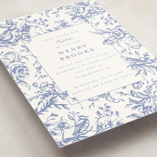 This is a blueberry baptism and christening announcements with standard by Teju Reval called dreamy toile printing on signature in standard