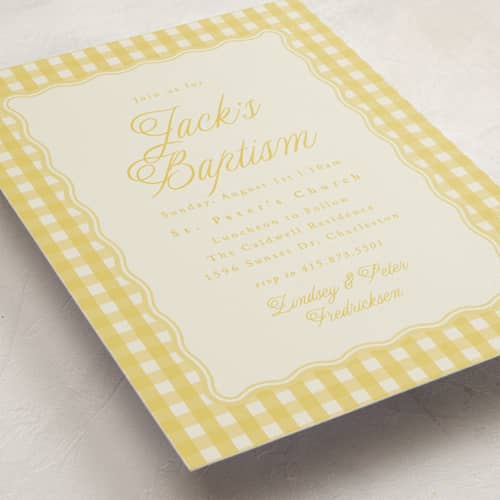 This is a lemonade baptism and christening announcements with standard by Brianne Larsen called scalloped gingham printing on signature in standard