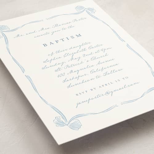 This is a lagoon baptism and christening announcements with standard by Leah Bisch called bow frame printing on signature in standard