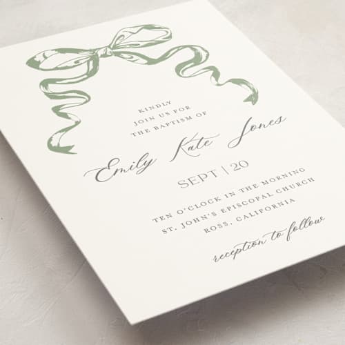 This is a mint baptism and christening announcements with standard by Teju Reval called big bow printing on signature in standard