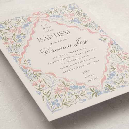 This is a rose mist baptism and christening announcements with standard by Vera Lim called floral frame.. printing on signature in standard