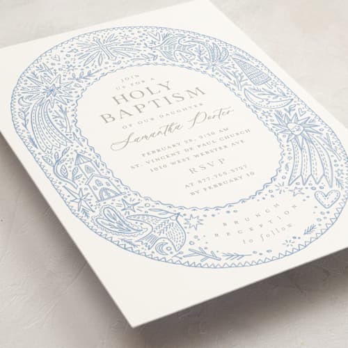 This is a sky baptism and christening announcements with standard by Anastasia Makarova called folk frame printing on signature in standard