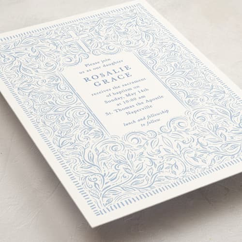 This is a celestial baptism and christening announcements with standard by Olivia Raufman called adorned cross printing on signature in standard