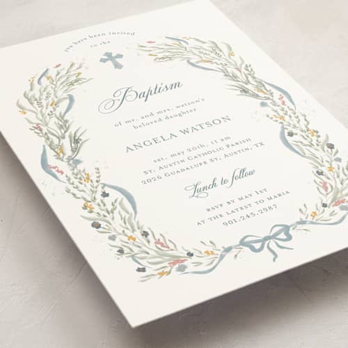 This is a frost baptism and christening announcements with standard by Jelena Vuletic called ciel printing on signature in standard