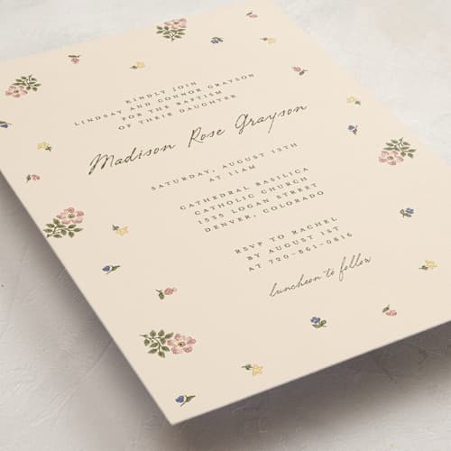 This is a vanilla baptism and christening announcements with standard by Jenna Holcomb called scattered petals printing on signature in standard