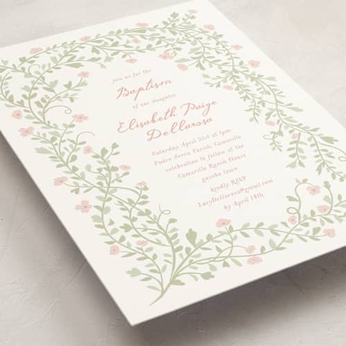 This is a rosa baptism and christening announcements with standard by Kamala Nahas called vigne a fleur printing on signature in standard