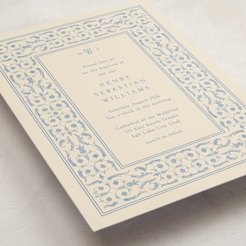 This is a cream baptism and christening announcements with standard by Robert and Stella called baptism bookplate printing on signature in standard