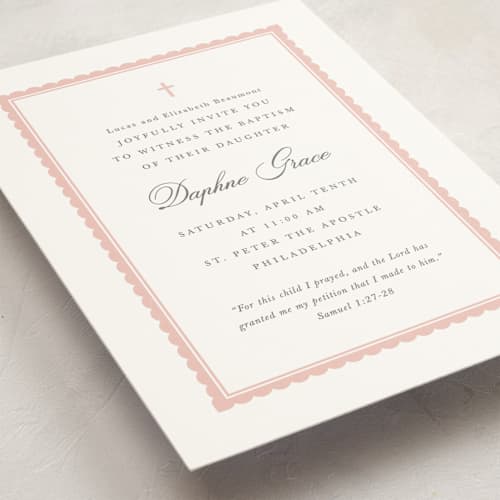 This is a rosebud baptism and christening announcements with standard by Olivia Raufman called frame and verse printing on signature in standard