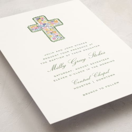 This is a marsh baptism and christening announcements with standard by Pati Cascino called scalloped cross printing on signature in standard