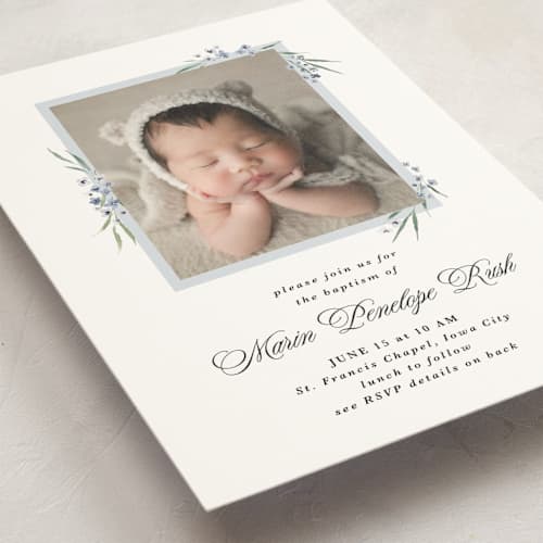 This is a sky baptism and christening announcements with standard by Kate Ahn called vinca printing on signature in standard