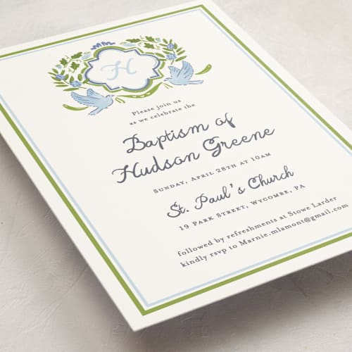 This is a apple baptism and christening announcements with standard by Corinne Malesic called dove crest printing on signature in standard