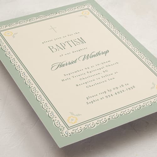 This is a eucalyptus baptism and christening announcements with standard by Corinne Malesic called country nostalgia printing on signature in standard