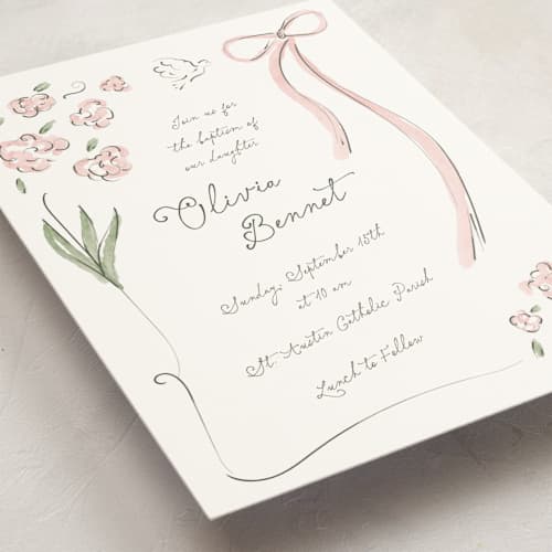 This is a rose baptism and christening announcements with standard by Helena Vitto called by grace printing on signature in standard