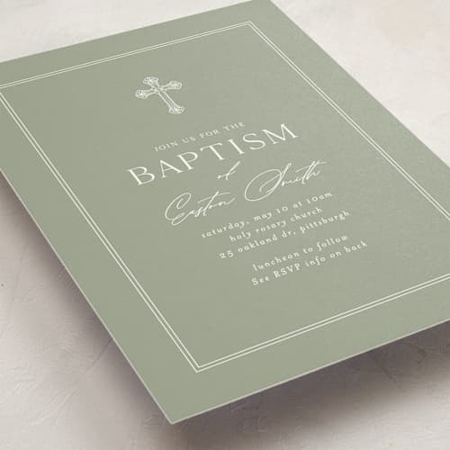 This is a sage baptism and christening announcements with standard by Sarah Hawkins Designs called ornate cross printing on signature in standard