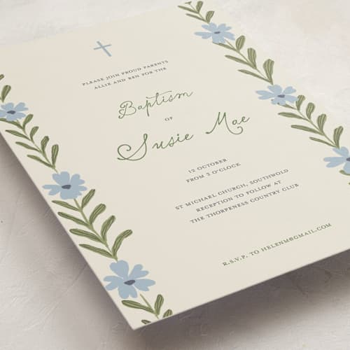 This is a navy baptism and christening announcements with standard by Lottie Aldarwish called flora printing on signature in standard