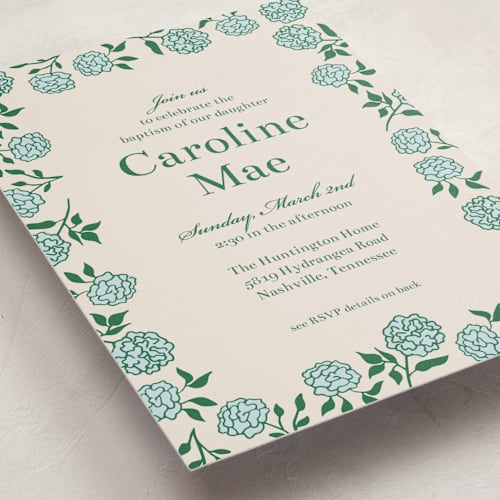 This is a powder baptism and christening announcements with standard by Michelle Buckner called hydrangea printing on signature in standard