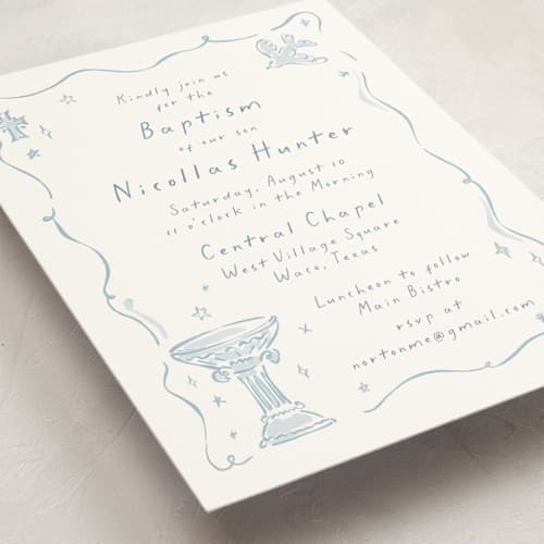 This is a sky baptism and christening announcements with standard by Pati Cascino called bliss printing on signature in standard