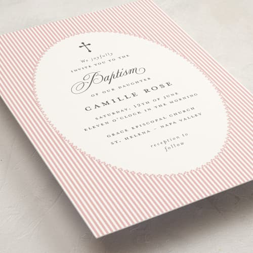 This is a blush baptism and christening announcements with standard by Benita Crandall called preppy stripes printing on signature in standard