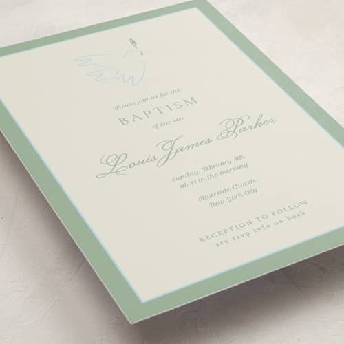 This is a sage baptism and christening announcements with standard by Paloma Morand Monteil called the holy whisper printing on signature in standard