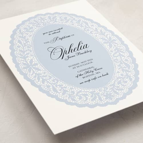 This is a powder baptism and christening announcements with standard by Studio Suku called lace oval printing on signature in standard