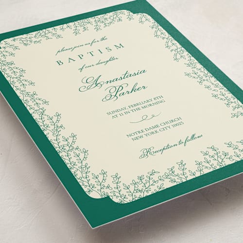 This is a shamrock baptism and christening announcements with standard by Paloma Morand Monteil called divine day printing on signature in standard