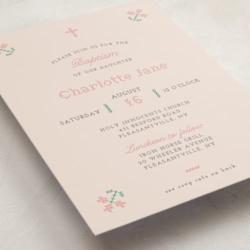 This is a peony baptism and christening announcements with standard by Annie Holmquist called cross stitched printing on signature in standard