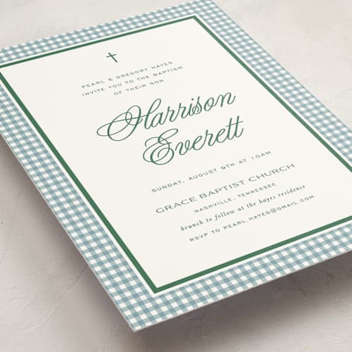 This is a pond baptism and christening announcements with standard by Kelly Watkins called mini gingham printing on signature in standard