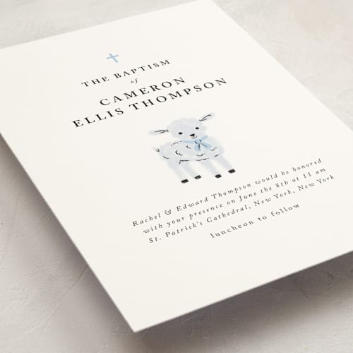 This is a sky baptism and christening announcements with standard by mo kelley called little lamb printing on signature in standard