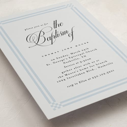 This is a bluebell baptism and christening announcements with standard by Alethea and Ruth called woven border printing on signature in standard