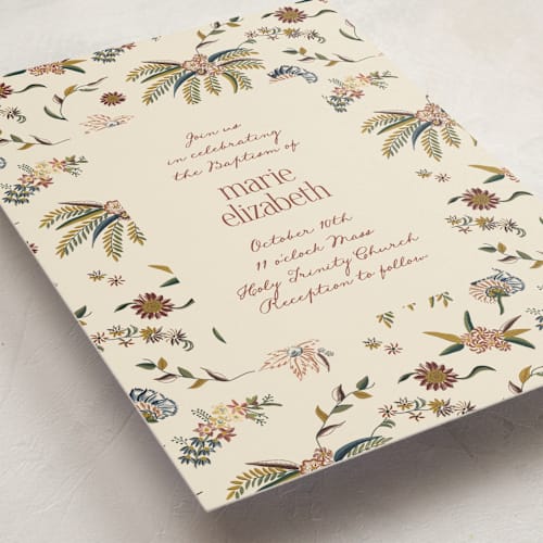 This is a tan baptism and christening announcements with standard by Becky Nimoy called silk floral print printing on signature in standard