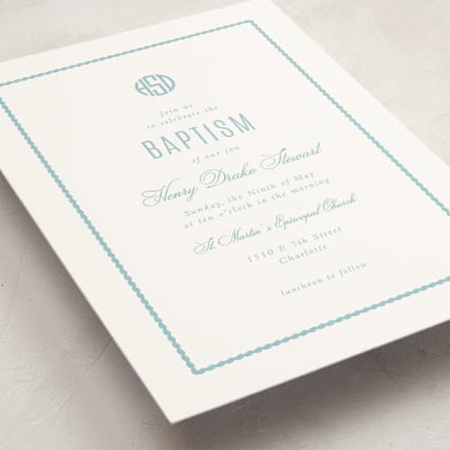 This is a robins egg baptism and christening announcements with standard by Olivia Raufman called circle monogram printing on signature in standard