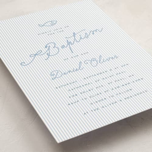 This is a ocean baptism and christening announcements with standard by Sherley Ferreira called baptism stripes printing on signature in standard