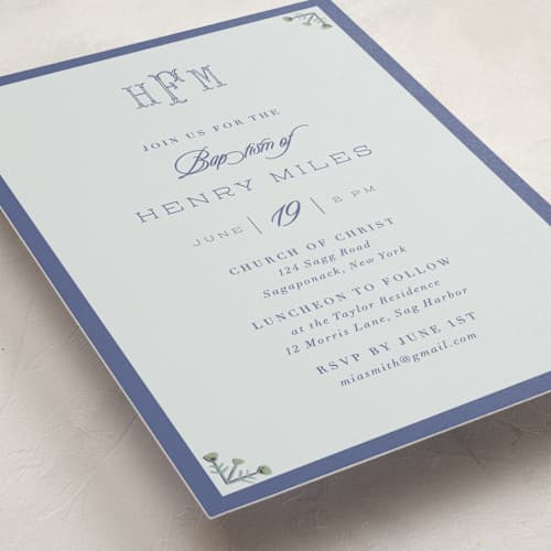 This is a cloud baptism and christening announcements with standard by Nicoletta Savod called heirloom monogram printing on signature in standard
