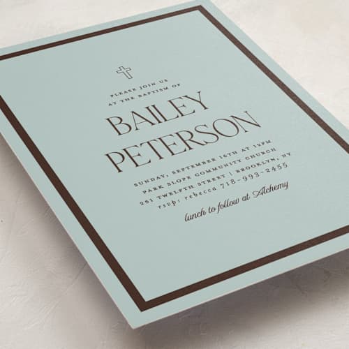 This is a slate baptism and christening announcements with standard by Morgan Kendall called park slope printing on signature in standard