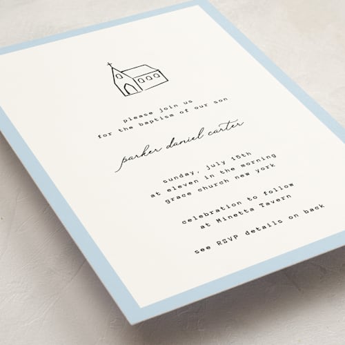This is a sky baptism and christening announcements with standard by Jennifer Lew called modern chapel printing on signature in standard
