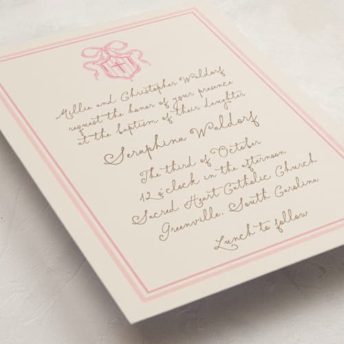 This is a peony baptism and christening announcements with standard by Jackie Crawford called little bow crest printing on signature in standard