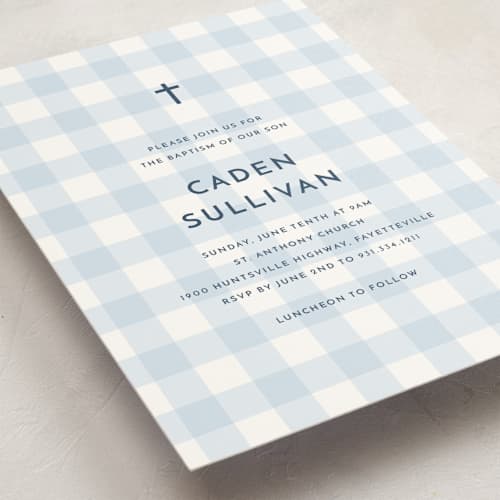 This is a sky baptism and christening announcements with standard by Stacey Meacham called sweetest gingham printing on signature in standard