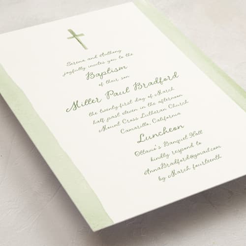 This is a forest baptism and christening announcements with standard by Kamala Nahas called watercolor cross printing on signature in standard
