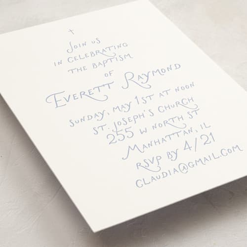 This is a periwinkle baptism and christening announcements with standard by Baumbirdy called note printing on signature in standard