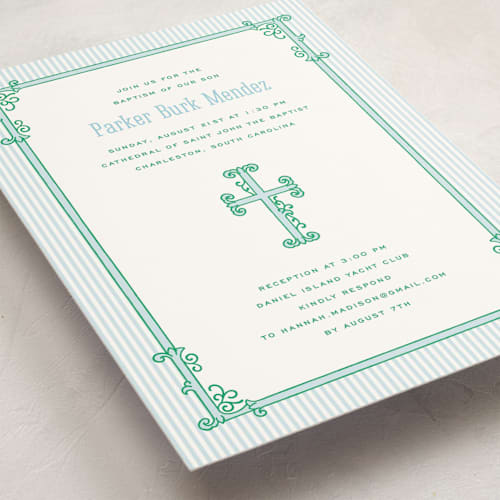This is a pacific baptism and christening announcements with standard by Kamala Nahas called filigree border printing on signature in standard