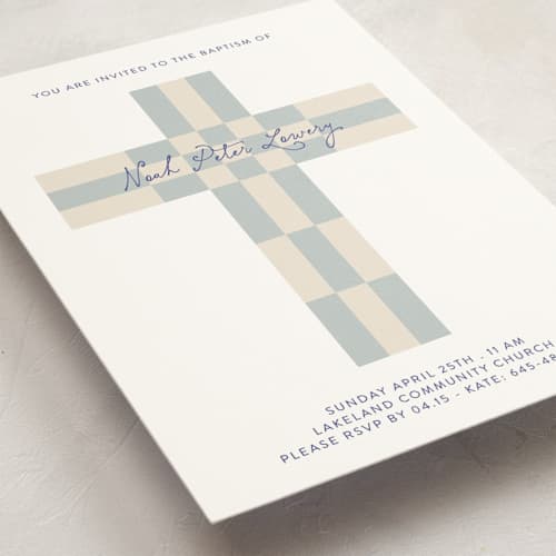 This is a celestial baptism and christening announcements with standard by Gwen Bedat called geo cross printing on signature in standard